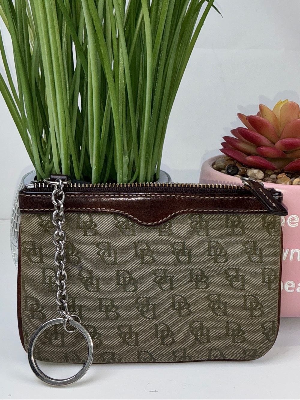 Dooney & Bourke Brown Monogram Canvas Key Pouch with Chain